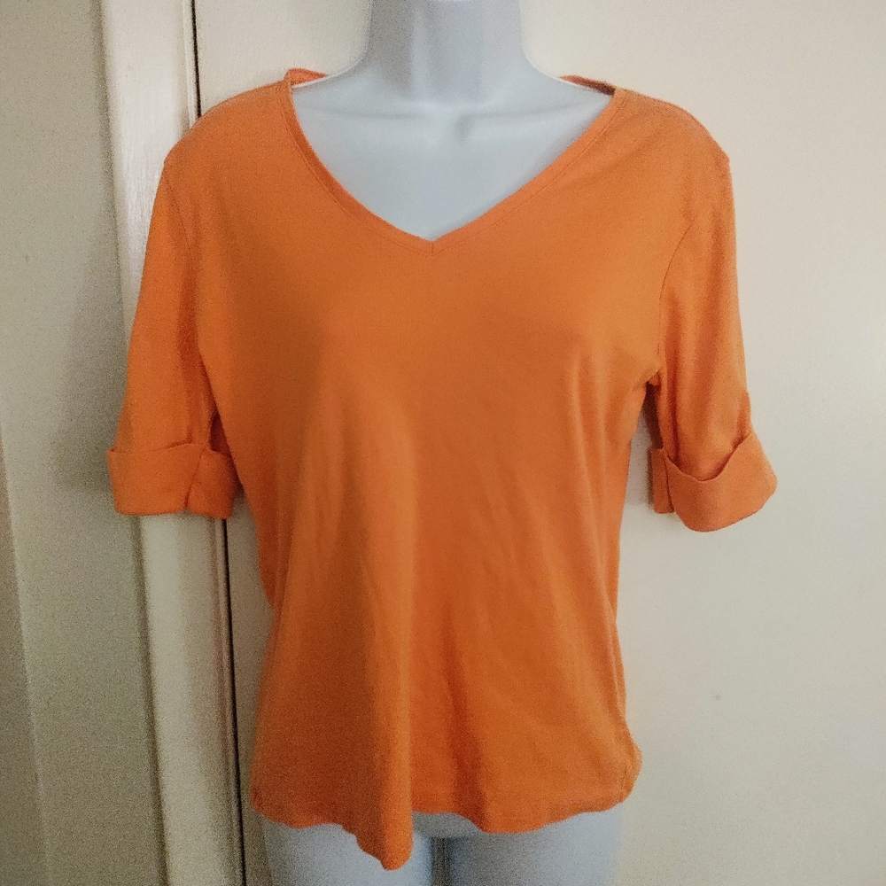 RALPH LAUREN Orange Knit V-neck, Short Rolled Sleeve. Size M